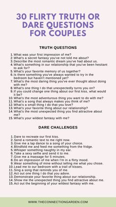 Spice up your evening with these 30 Flirty and Spicy Truth or Dare Questions for Couples. Ideal for a playful and intimate date night, these questions are sure to bring laughter and deepen your connection. #CouplesGameNight #TruthOrDare #HealthyRelationships #CouplesGames #DateNightIdeas Truth Or Dare Question For Boyfriend, Truth Or Dare Ideas For Couples, Dare Ideas For Couples, Truth Dare Questions For Couples, Couples Truth Or Dare Game, Relationship Truth Or Dare Questions, True Or Dare Questions For Boyfriend, Truth Or Dare Questions Spicy Edition, Cute Couple Games To Play