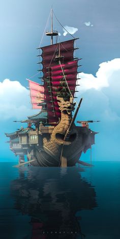 an old ship floating in the middle of the ocean with a dragon on it's back