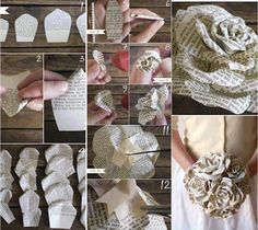 instructions to make an origami rose bouquet out of old book pages and fabric