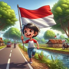 a young boy is running down the road with a flag in his hand and smiling