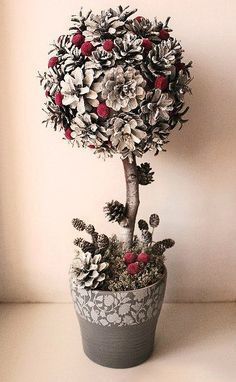 a potted plant with pine cones and berries on it's top is shown in front of a wall