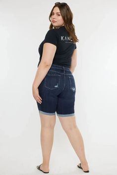 The curve Kan Can Bermuda Denim Shorts are crafted from quality dark stone wash denim with a mid-rise fit and open seam Bermuda cut. The cuff provides a raw hem look and extra style. Ultra comfortable wear 10.5” RISE, 9.5” INSEAM IN SIZE XL 63% COTTON, 22% POLYESTER, 12% RAYON, 3% SPANDEX Stretch Dark Wash Jean Shorts With Frayed Hem, Stretch Jean Shorts With Frayed Hem In Dark Wash, Casual Medium Wash Mid-thigh Jeans, Stretch Dark Wash Jeans In Short Length, Stretch Dark Wash Short Length Jeans, Dark Wash Stretch Jeans Short Length, Dark Wash Straight Leg Jean Shorts With Frayed Hem, Dark Wash Rolled Hem Denim Jeans, Dark Wash Denim Jeans With Rolled Hem