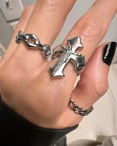 Goth Cross Crucifix Ring Solid stainless steel. Waterproof. NO green skin. NO rust/tarnish. Select size before checking out. Gothic Metal Ring For Streetwear, Gothic Metal Rings For Streetwear, Edgy Silver Rings For Streetwear, Silver Punk Rings For Streetwear, Goth Cross, Green Skin, Chain Ring, Rust, Shoe Accessories