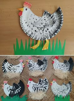 paper plate chicken craft for kids to make in the garden or on the lawn with grass