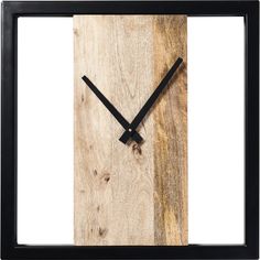 a square wooden clock with black hands on a white background and wood grained surface