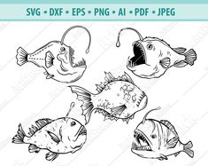 four different types of fish in black and white, with the words svg dxf