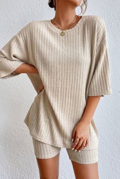 Round Neck Ribbed Top and Shorts Lounge Set - Body By J'ne Ribbed Lounge Set, Two Piece Lounge Set, Bell Sleeve Crop Top, Todays Outfit, Sleepwear & Loungewear, Ribbed Top, Sweet Style, Lounge Set, Lounge Sets