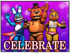 three cartoon characters are standing next to each other and the words celebrate written in large letters