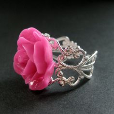 BACK to SCHOOL SALE Hot Pink Rose Ring. Pink Flower Ring. Filigree Adjustable Ring. Flower Jewelry. Pink Rose Design Flower Ring, Pink Rose Design Ring For Gift, Pink Flower Ring With Rose Design, Adjustable Pink Resin Rings, Bridal Jewellry, Pink Flower Ring, Resin Rose, Hot Pink Roses, Black Gold Jewelry