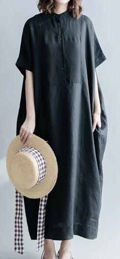 Black Long Linen Silk Women Spring Dresses Plus Size Simple Garments, Women Spring Dresses, Linen Kaftan, Frock Style, Spring Dresses Women, Short Sleeve Summer Dresses, Linen Dress Women, Dress Sleeve Length, Summer Linen Dresses