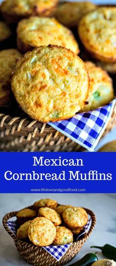 mexican cornbread muffins in a wicker basket on a blue and white checkered tablecloth