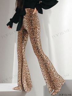 Poprose - Leopard Print Flared Cotton Trousers for Women Leopard Print, Trousers