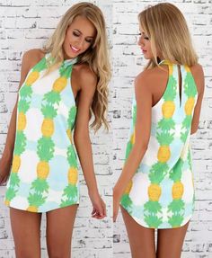 Dreaming of a fancy yacht party? This little halter dress is definitely a killer! Hot Pink Romper, Pineapple Dress, Women Summer Dress, White Shift Dresses, Fresh Pineapple, Dress 2015, Flamingo Party