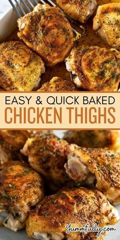 easy and quick baked chicken thighs in a casserole dish with a fork on the side