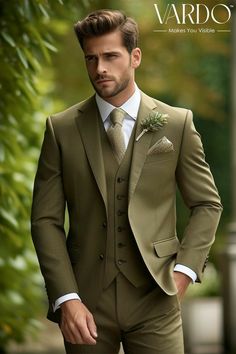 Khaki Suit Wedding, Green Three Piece Suit, Three Piece Suit For Men, Three Piece Suit Mens, Stylish Waistcoats, Mens Tailored Suits, Suit For Men Wedding, Khaki Suit, Formal Attire For Men