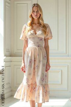 Olivia Mark - Elegant Blush Floral Midi Dress with Flutter Sleeves and Ruffled Hemline Dress With Flutter Sleeves, Exclusive Dress, Midi Length Skirts, Flutter Sleeves, Floral Midi Dress, Cinched Waist, Olivia Mark, Cottage Core, Flutter Sleeve