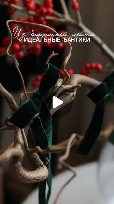 a close up of a tree with red berries in the background and an ornament hanging from it's branches