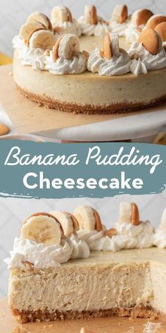 a banana puddinging cheesecake with whipped cream and sliced bananas