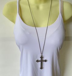 I have used this kind of cross pendant before and just love it - I ordered a few extras because I knew I would sell them (which I have) and would want to keep featuring them on new necklaces (which I am!) This large cross pendant hangs low on a strong gunmetal chain. If you like the cross but picture something different, send me a convo and we'll make the perfect necklace for you. Please note the three cross options - from left to right as pictured are the large etched gunmetal cross (no rhinest Gothic Cross Necklace With Oxidized Finish, Gothic Oxidized Cross Necklace, Metal Cross Pendant Necklace, Nickel-free Metal Cross Pendant Necklace, Spiritual Metal Cross Pendant Necklace, Spiritual Metal Pendant Cross Necklace, Vintage Metal Crucifix Cross Necklace, Metal Cross Necklace With Chain, Metal Cross Necklace With Chain Pendant