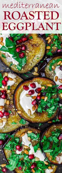 roasted eggplant with pomegranate and nuts on top