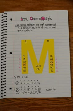 a notebook with the letter m written in yellow and missing letters on top of it