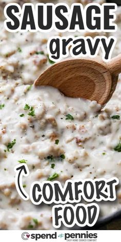 sausage gravy in a skillet with a wooden spoon and title overlay