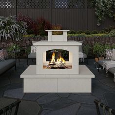 an outdoor fireplace is shown in the middle of a patio with chairs and tables around it