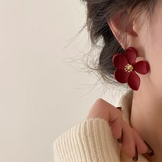 Red Handmade Flower Earrings, Flower-shaped Earrings For Valentine's Day, Flower Shaped Earrings For Valentine's Day, Red Flower Earrings With Ear Wire, Red Jewelry With 3d Flower Details, Handmade Flower Earrings For Valentine's Day, Street Style Shoes, Flower Ear, Mid Heel Sandals