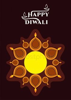 happy diwali greeting card with an image of the sun on dark brown background