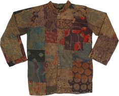 A unisex vintage-style stonewashed patchwork cotton fabric full sleeve shirt. This shirt is made from recycled fabric material, sewn into patches and dyed together to create a single rustic brown color tone. #tlb #Patchwork #Stonewash #Floral #Printed #bohemianfashion #Handmade #VacationShirt #HawaiiShirt #Bohemianpatchworkunisexshirt Brown Cotton Patchwork Tops, Long Sleeve Cotton Shirt With Patchwork, Cotton Long Sleeve Shirt With Patchwork, Cotton Long Sleeve Shirt With Patches, Fall Cotton Shirt With Patchwork, Brown Patchwork Shirt For Fall, Traditional Patchwork Cotton Tops, Cotton Long Sleeve Tops With Patches, Hippie Brown Cotton Top