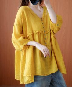 Long Linen Dress Casual, Half Sleeve Shirt, Natural Linen Dress, Art Yellow, Casual Wear Dress, Half Sleeve Shirts, Half Sleeve Tops, Simple Blouse, Blouse Material