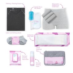 the contents of a diaper bag and its contents labeled in pink, grey and white