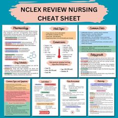 the nclex review nursing sheet is shown in blue and pink with text on it