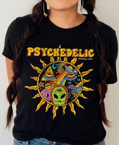 Get ready to trip out with our 'Psychedelic' Unisex Tee! This vintage-inspired shirt will transport you back to the good old days of psychedelic music and art. With its trippy design, this tee is perfect for anyone who loves a unique and playful style. . Psychedelic. 100% combed ringspun cotton· Light fabric· Premium fit· Runs bigger than usual· Original design Care Instructions: Machine wash cold. Do not bleach. Tumble dry low. Retro Festival T-shirt With Screen Print, Black Hippie Top With Letter Print, Black T-shirt With Retro Print Crew Neck, Black Retro Print Crew Neck T-shirt, Black Cotton T-shirt With Retro Print, Retro Screen Print T-shirt For Festivals, Retro Graphic Print T-shirt For Festivals, Black Hippie Tops For Music Festival, Black Hippie Top For Music Festival