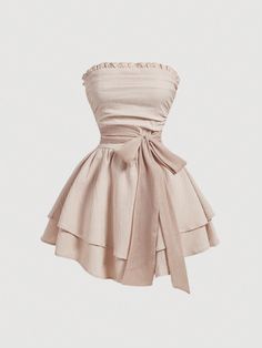 Women Strapless Backless Ruched Waist Tie Layered Fashion Dress Khaki Boho  Sleeveless Woven Fabric Plain A Line,Cami Non-Stretch  Women Clothing, size features are:Bust: ,Length: ,Sleeve Length: Dress With Bow Belt, Shein Cami Dress, Shein Satin Dress, Quinceanera Guest Outfit, Beige Dress Formal, Mod Women, Cute Strapless Dresses, Dresses Shein, Cute Short Dresses