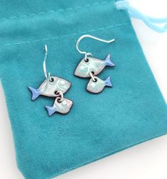 Glass enamel fused to copper, with stering silver earwires. Fish Earrings, Jewelry Design, Copper, Fish, Drop Earrings, Glass, Silver