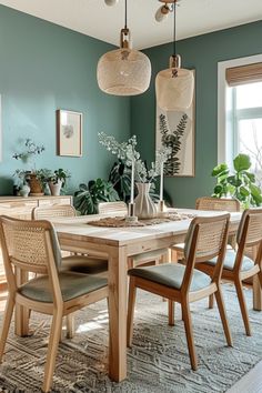 a dining room with green walls and wooden table surrounded by chairs, potted plants