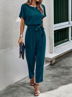 Teal Blue Casual Collar   Plain Tee Embellished Medium Stretch  Women Clothing Green Outfits For Women Party, Green Jumpsuit Outfit Classy, Green Jumpsuit Outfit Wedding, Short Sleeve Jumpsuit Outfit, Deep Green Outfit, Professional Jumpsuit, Spring Jumpsuit Outfit, Business Jumpsuit, Dark Green Outfit