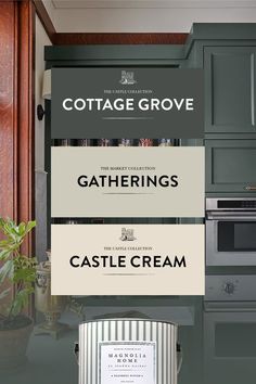 a kitchen with green cabinets and white appliances in the center is a sign that says cottage grove gatherings castle cream