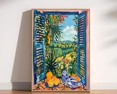 an image of a painting on the wall with fruit and flowers in front of it