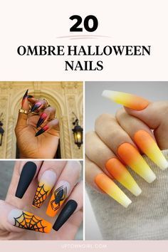 Ombre Candy Corn Nails, Halloween Nail Designs Candy Corn, Halloween Ombre Nails Acrylic, Orange And Black Halloween Nails Acrylic, Orange Ombre Halloween Nails, Halloween Ombre Nails Coffin, Black Ombre Nails Halloween, Black And Orange Ombre Nails Halloween, Black Ombre Halloween Nails