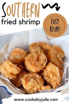 fried shrimp in a white bowl with the words southern fried shrimp easy recipe on it