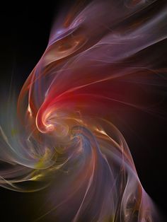 an abstract painting with red, yellow and blue colors on black background in the form of swirls