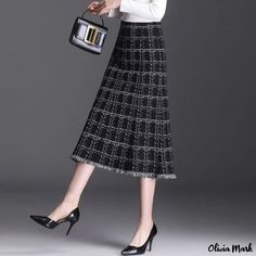 Olivia Mark - Knitted Grid Pattern Midi Skirt with Tassel Trim and Flattering Fit - Charcoal Gray Elegant Fringe Skirt For Fall, Casual Fringe Skirt For Fall, Tartan Midi Skirt, Jacquard Midi Skirt, Vintage Shirt Dress, Midi Skirt Pattern, Knit Midi Skirt, Knit Midi, Plaid Skirts