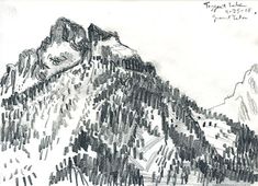 a pencil drawing of a mountain with trees on the side and mountains in the background