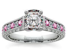 Cushion Antique Diamond & Pink Sapphire Gemstone Engagement Ring in Platinum http://www.brilliance.com/engagement-rings/antique-diamond-pink-sapphire-gemstone-ring-platinum Classic White Diamond Ring With Accent Stones, Anniversary Pink Sapphire Diamond Ring With Center Stone, White Platinum Ring With Accent Stones, Pink Sapphire Diamond Ring With Prong Setting, Classic Pink Sapphire Diamond Ring With Center Stone, Pink Sapphire Diamond Ring For Anniversary, Pink Platinum Diamond Ring For Anniversary, White Jewelry With Side Stones As A Gift, White Jewelry With Side Stones For Gift