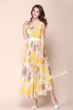 Chiffon V Neck Yellow Flower Long Party Dress Evening Wedding Lightweight Sundress Summer Holiday Beach Dress Bridesmaid Dress Maxi Skirt MD05 Detail Info: ❤ Color: Yellow flower as picture, flower N. More color choice link: https://www.etsy.com/listing/213656440/chiffon-dress-color-card?ref=shop_home_feat_1 Please just note the color number you want with order. ❤ Material: Chiffon ❤ The dress doesn't limit the chest size and waitst size, arm hole 45cm (if your upper arm circle circumference is Bridesmaid Maxi Skirt, Maternity Photo Dresses, Picture Flower, Beach Holiday Dresses, Sundress Summer, Baby Shower Dresses, Evening Dresses For Weddings, Shower Dresses, Holiday Beach