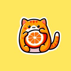 an orange cat sticker sitting on top of a yellow background with its face in the shape of a grapefruit