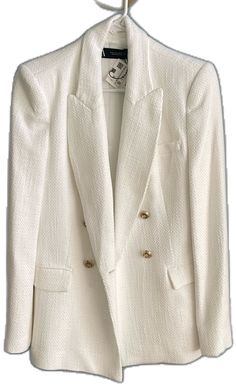 White Classic Long Sleeve Tweed Jacket, White Classic Tweed Jacket For Formal Events, White Classic Tweed Jacket For Formal Occasions, Classic White Tweed Jacket For Formal Occasions, Classic White Tweed Jacket, Formal White Tweed Jacket For Winter, Luxury White Tweed Jacket For Work, White Tweed Jacket For Winter Formal Occasions, Classic White Tweed Jacket For Work