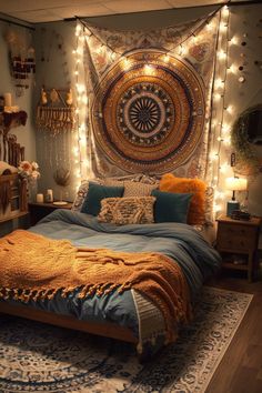 a bedroom decorated with lights, blankets and rugs in the shape of a sun